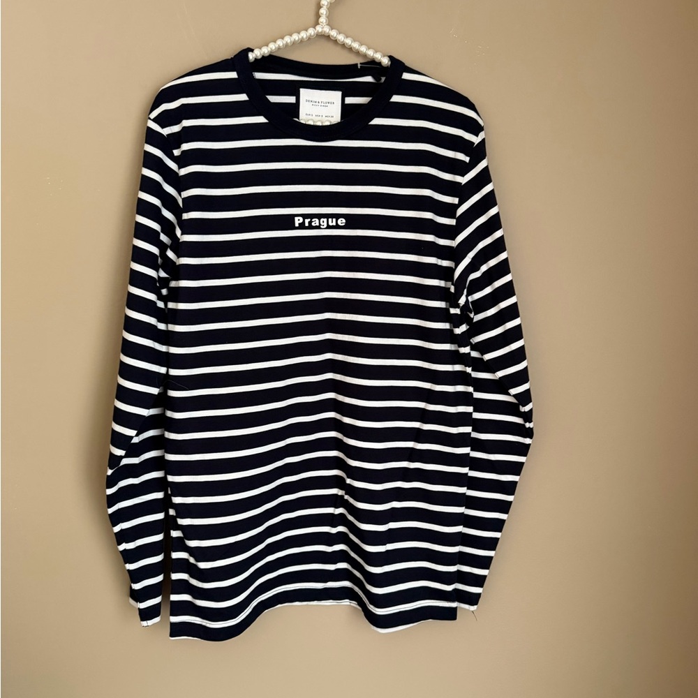 Denim & Flower black & White Striped 'Prague' Tee